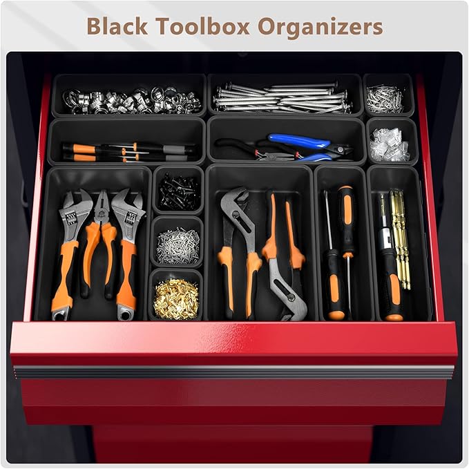 【More Larger Size】A-LUGEI【69 PCS-5 Size】 Tool Box Organizer Tray Divider Set【Black】 Desk Drawer Organizer Bin, Socket Organization and Storage Toolbox for Rolling Tool Chest Cart WorkBench Part Widget