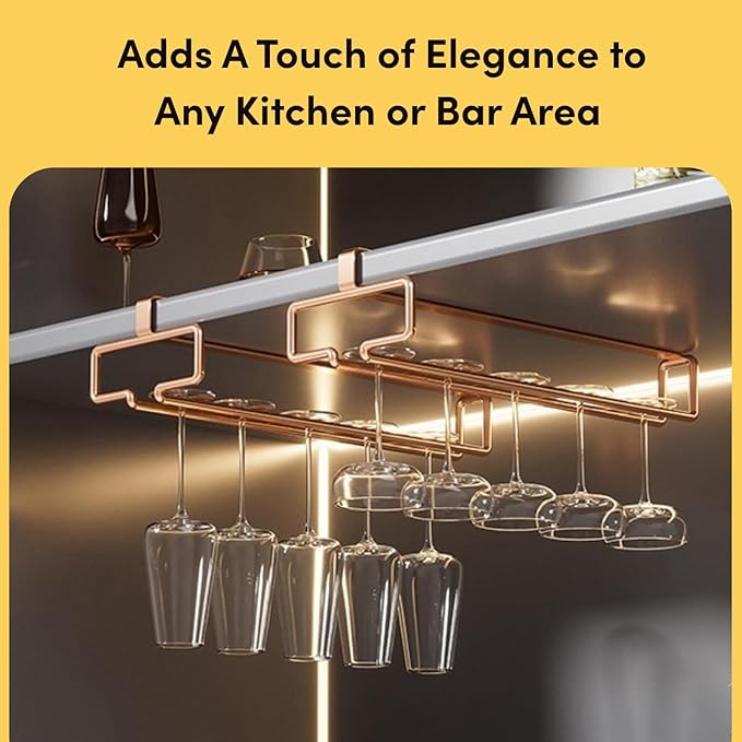 LINFIDITE 2 Pack Under Cabinet Wine Glass Rack Rose Gold Wine Glass Holder Stemware Rack Hanger Kitchen Hanging Storage Rack Organizer (For Partition Thickness under 0.98")