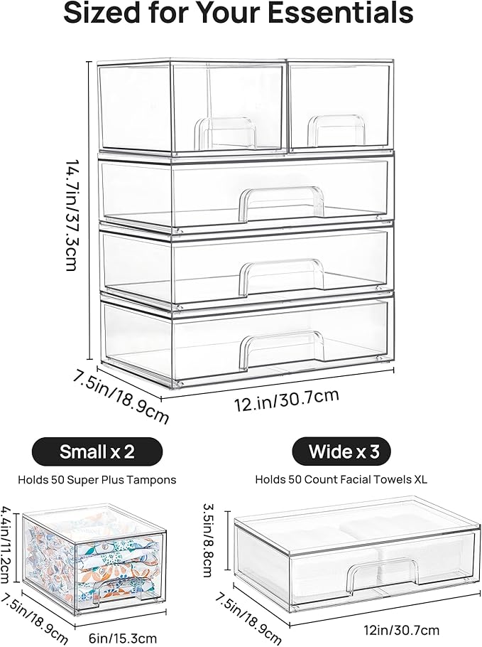 Clear Stackable Storage Drawers Set of 5, Plastic Organizer Bins for Makeup