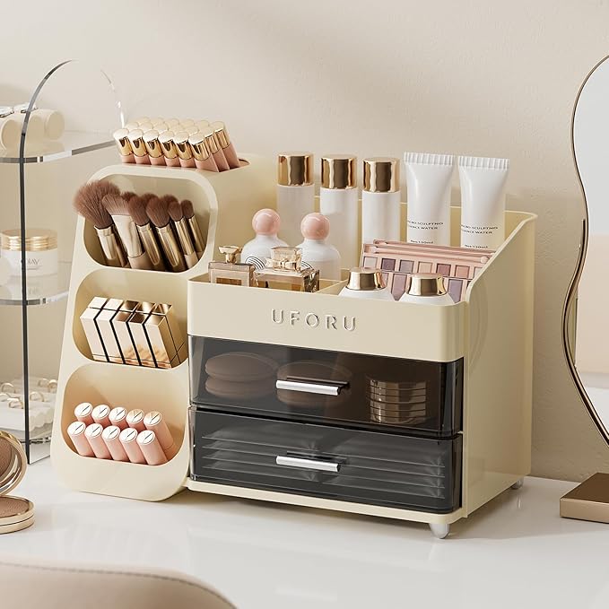 UFORU Makeup Organizer for Vanity with Brush Holder, Large Capacity Bathroom Countertop Skincare Organizer with 2 Drawers, Cosmetic Display Case for Perfumes, Eyeshadow Palettes, Nail Polishes