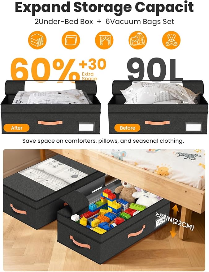 TOSKING 2-Pack Under Bed Storage Drawers with Wheels, 6 Vacuum Bags, Adjustable Height 7.9-10.2", Large 90L/80 lbs Clear Lid, 900D Oxford, Space Saver for Dorm Bedroom, Blankets, Clothes, Shoes, Black