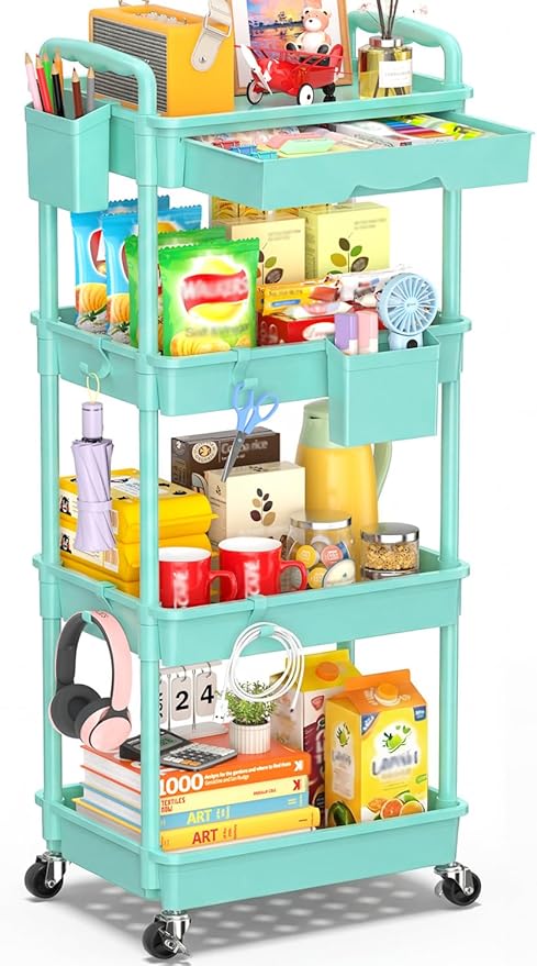 4 Tier Rolling Utility Cart with Drawer, Blue