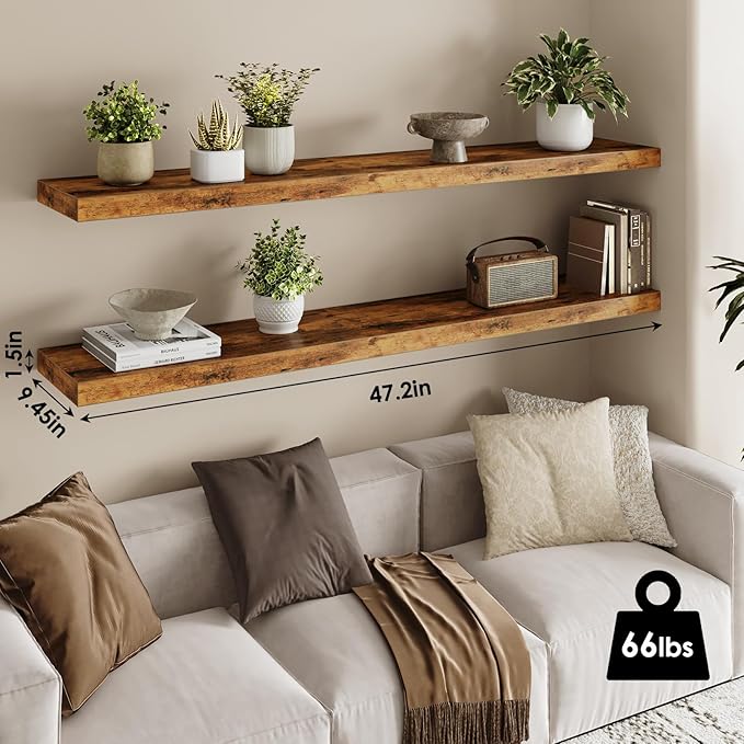 Fixwal Wood Floating Shelves for Wall, 47" Long Heavy Duty Wall Mounted Shelves for Living Room, Bedroom, Bathroom and Kitchen, Wall Shelves for Storage, Books, Room Decor (Rustic Brown, Set of 2)