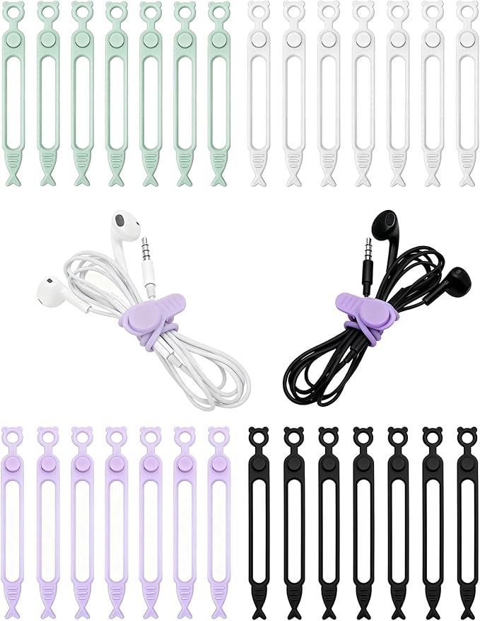 28 Pcs Silicone Cable Ties Reusable, Cable Cord Organizer Straps for Charging Wire, Computer Cords, 4 Color