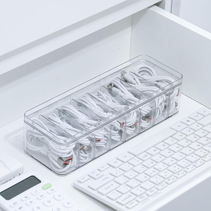 2 Pack Cable Organizer Box with Lid, Plastic Cord Storage Organizer with 8 Adjustable Compartments for Home Office Desk Drawer, Clear Phone Charger Bins