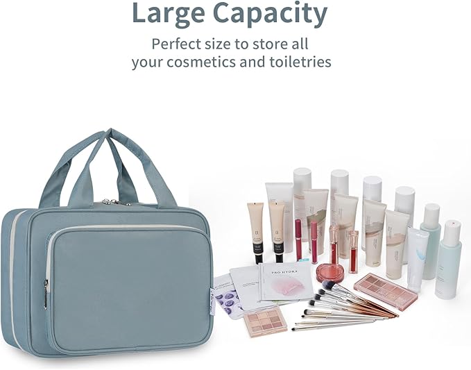 Narwey Travel Toiletry Bag for Women Large Hanging Makeup Bag Organizer Toiletries Bag for Full Size Essentials Accessories Cosmetics (Greyish Blue (Large))