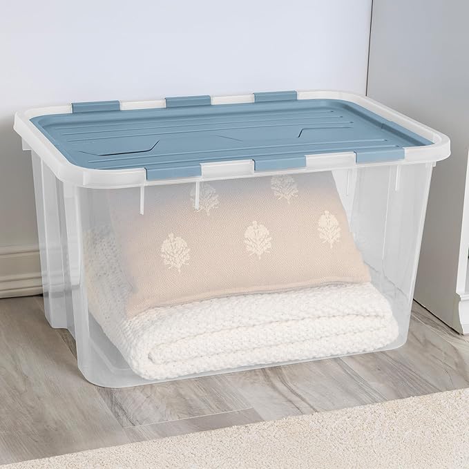 Sterilite 18 Pack Hinged Lid Storage Box, 60 Qt Plastic Container, Washed Blue - Home Organizer Tote for Storing Shoes, Crafts, Clothing, or Decor