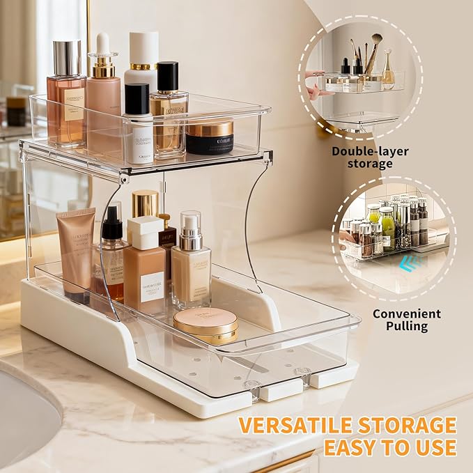 Jsyrjing Pull Out 2 Tier Under Sink Organizer Clear Cabinet Organizer for Kitchen Bathroom Storage Rotating Pantry Rack for Spice Organization and Makeup Organizer for Drawer Durable Design 2 Pack