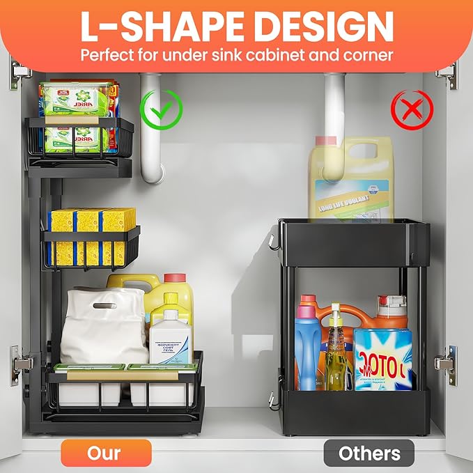 Under Sink Organizer and Storage for Bathroom and Kitchen - 1 Pack 3 Tier Under Cabinet Pull Out Shelf Organizers - Slide Out Drawer Organization for Home Cabinets Shelves and Drawers