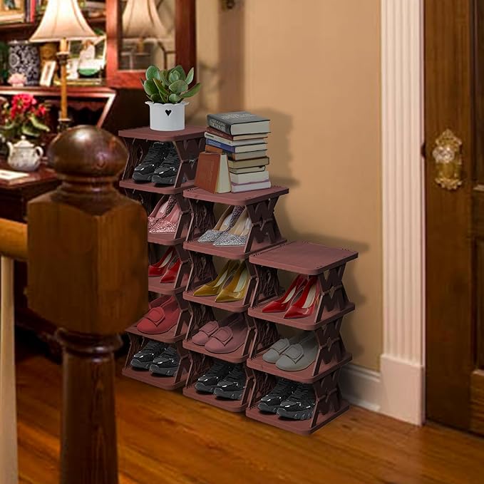 Shoe Rack, 6 Tier Shoe Organizer Fake Wood Pattern, Foldable Small Shoe Storage Space Saving, Collapsible Shoe Organizer for Closet, Front Door Entrance, Entryway, Bedroom, Brown