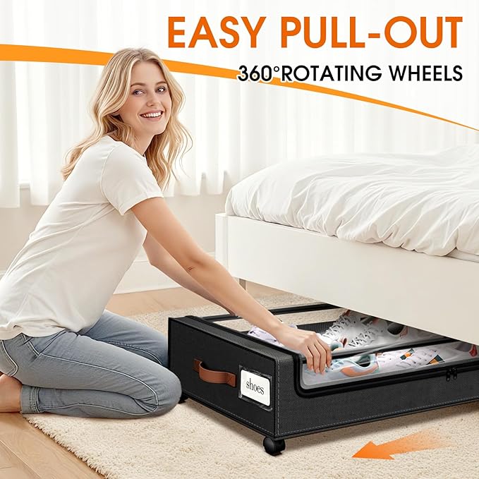 SpaceHacks Under Bed Storage with Wheels 1Pack Storage Containers with Clear Window&Label Under Bed Drawers Rolling Under Bed Storage for Clothes,Shoes, Blankets (30.71 x 16.93 x 6.69 in, Black)