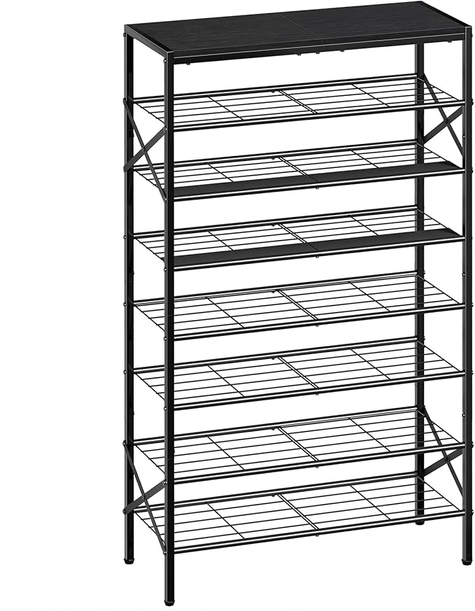 8-Tier Tall Shoe Rack Organizer Shoe Storage for Entryway 24-32 Pairs Metal Shoe Rack for Closet Heavy-Duty Shoe Rack with Wooden Top Shelf for Garage Black