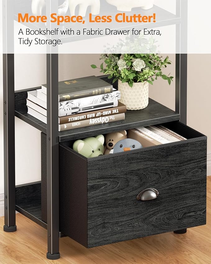 Furologee Book Shelf Set of 2, 6 Tier Tall Shelf with Drawer, Bookshelves and Bookcases Set of 2, Industrial Display Shelving Unit for Bedroom, Living Room, Home Office, Black Oak