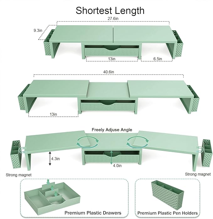 gianotter Dual Monitor Stand Riser, Desk Organizer With Drawer and 2 Pen Holders, Computer Monitor Stand, Desk Shelf for Top of Desk (Sage Green)