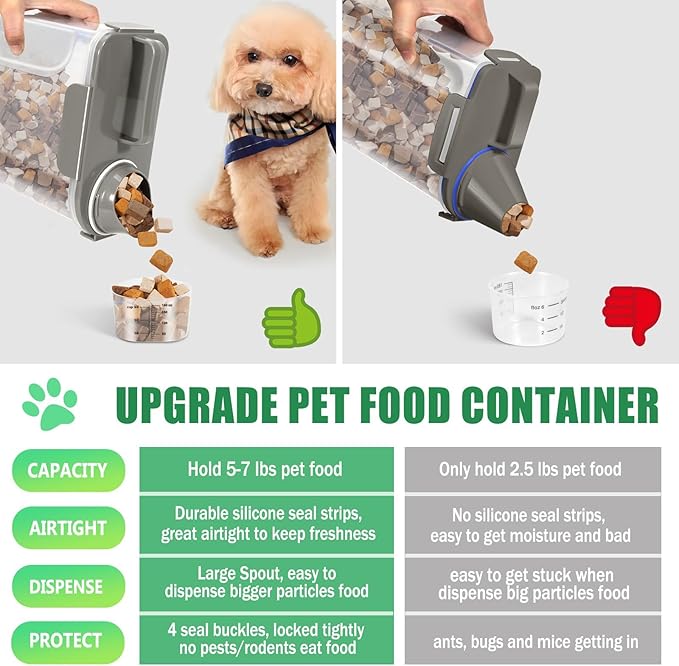 5-7LBS Upgraded Large Nozzle Cat Dog Food Storage Container BPA-free, Airtight Pet Food Storage Bin with 4 Lock Buckles, Sealing Gasket, Cup for Pet Food, Dog Treats, Rice, Flour, Dry-Grey