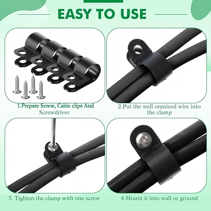 Hicarer 50 Pack R-Type Cable Clip Wire Clamp, Nylon Screw Mounting Cord Fastener Clips with 50 Pack Screws for Wire Management (Black, 1/2 Inch)