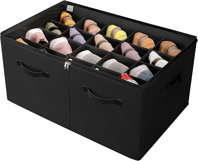 TOPIA HOME Shoe Organizer for Closet, Foldable Shoe Box with Adjustable Dividers and Clear Cover, Space Saving Shoe Storage Organizer Cabinet with Reinforced Handles, Fits 20 Pairs, Black, TP10B