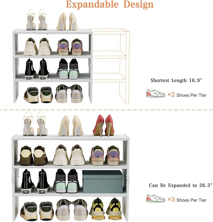 White Shoe Rack Organizer for Closet, 3-Tier Expandable Shoe Shelf, Stackable Iron Wood Combination Shoe Racks Shelves for Closets, Entryway,Small Space,Hallway,Garage,Holds 8-16 Pairs of Shoes
