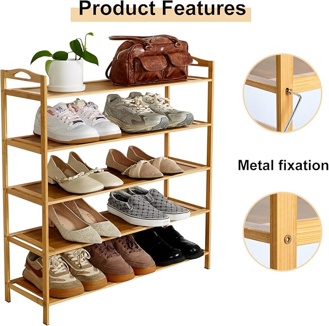 5 Tier Bamboo Shoe Rack, Free Standing Shoe Racks, Shoes Rack Organizer, Bamboo Wood Shoe Rack for Entryway and Closet Hallway (27.5" x 9.25" x 34.3")