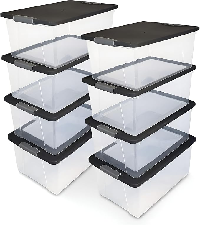 8-Pack Snaplock, Small Clear Plastic Storage Organizer Bins with Lids, 15 Quart