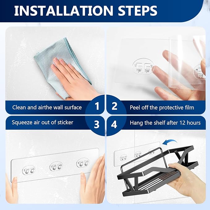 14 Pack Shower Caddy Adhesive Replacement, Strong Adhesive Hooks, Waterproof Shower Adhesive Strips, No Drilling, for Bathroom Storage Shelves