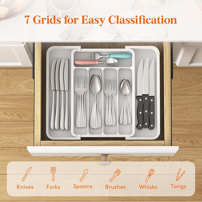 Lifewit Silverware Drawer Organizer, Expandable Utensil Tray for Kitchen, BPA Free Flatware and Cutlery Holder, Adjustable Plastic Storage for Spoons Forks Knives, 8.9-14.7 x 12.2", White