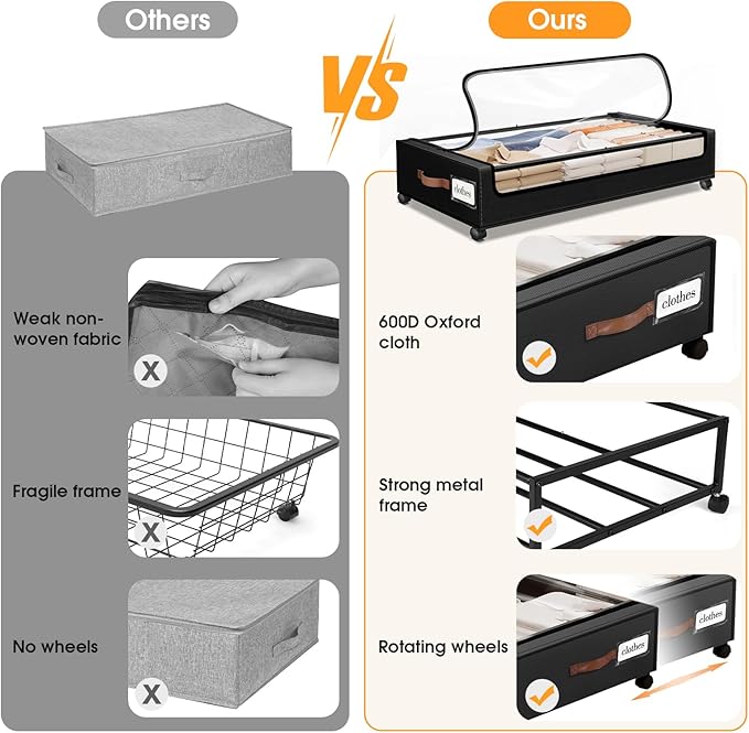 SpaceHacks Under Bed Storage with Wheels 2Pack Storage Containers with Clear Window&Label Under Bed Drawers Rolling Under Bed Storage for Clothes,Shoes, Blankets (30.71 x 16.93 x 6.69 in, Black)