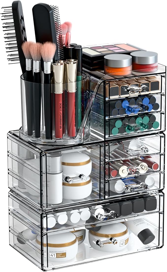 3 Pack Clear Acrylic Makeup Organizer for Vanity With 9 Drawer