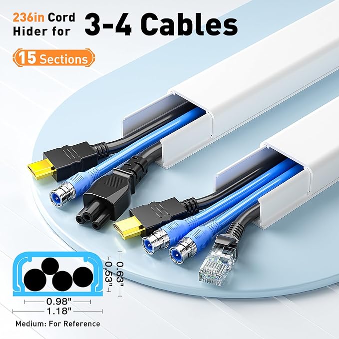 Delamu Cord Hider, 236in Cable Hider, Cord Covers for 3-4 Wires on Wall, Wire Covers for Cords, Wire Hiders for TV on Wall, Easier Setup Cable Cover Cable Management, W1.18 H0.63in, White