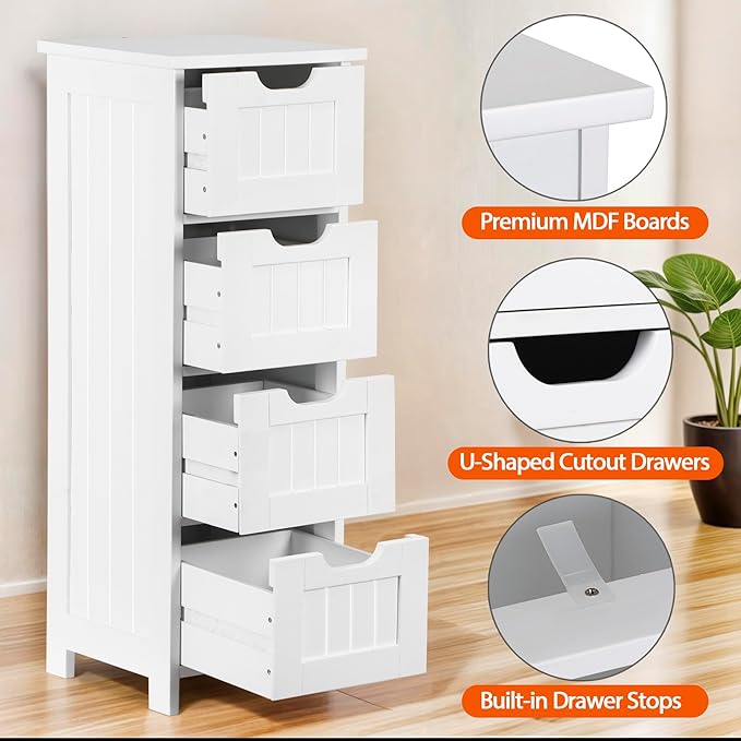 Bathroom Floor Storage Cabinet, Freestanding Wooden Side Organizer w/4 Drawers & Anti-Tip Kit for Bathroom Living Room Hallway Office Study, White | Freestanding