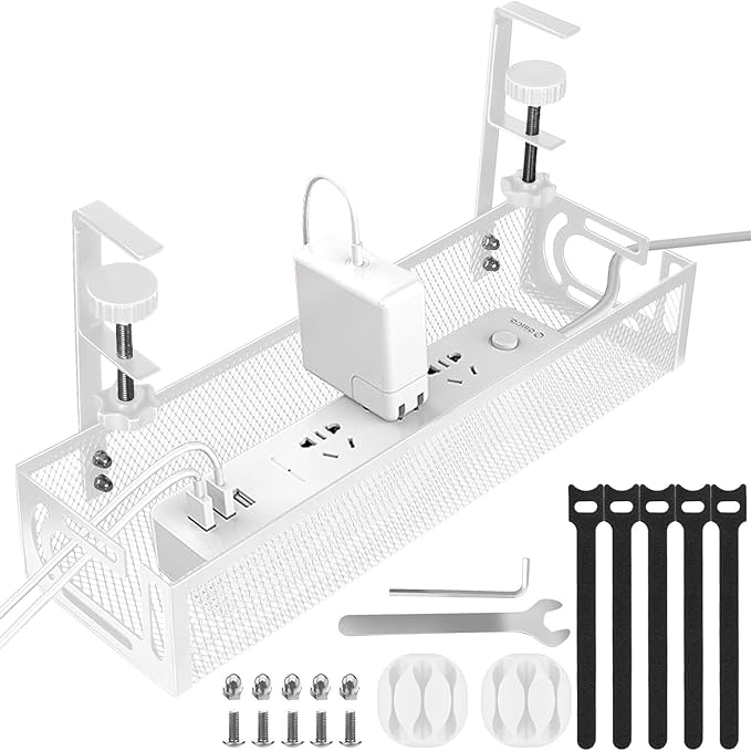 No-Drill Under Desk Cable Management Tray Tool-Free Installation with Dual