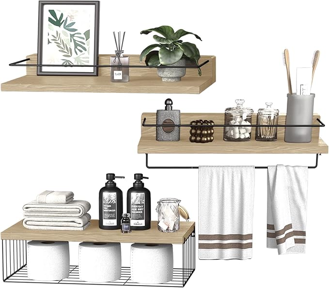 PopiShelves 22.5 inches Bathroom Shelves Over Toilet for Wall, Floating Shelves with Storage Basket Paper Holer for Kitchen Living Room, Bedroom & Classroom, Set of 3 (Nature Wood)