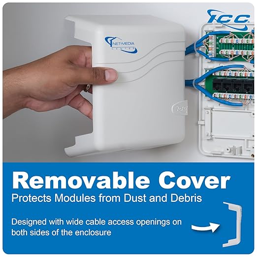 ICC Compact Plastic Structured Media Enclosure with Cover, Small Wiring Enclosure with CAT5e 8-Port PoE++ and 1x8 Bridged Telephone, 7.5 x 6.5 x 3.5 Inch, UL Listed TAA Compliant, ICRDSMMBW1