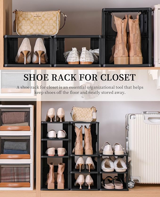 HAIXIN Shoe Organizer Rack for Small Spaces 5 Tier Plastic Vertical Narrow Shelves for Closet Black Shoe Holder, Stand for Entryway Storage Boots Organizer Stackable Cabinet