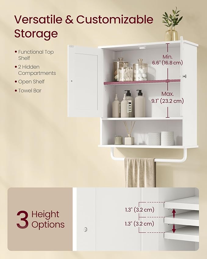 VASAGLE Siren Collection - Hanging Bathroom Cabinet with Towel Rod, Farmhouse Wall Storage Cabinet, with Adjustable Shelf, and Doors, 7.9 x 20 x 23.6 Inches, Cloud White UBBK149WB01S
