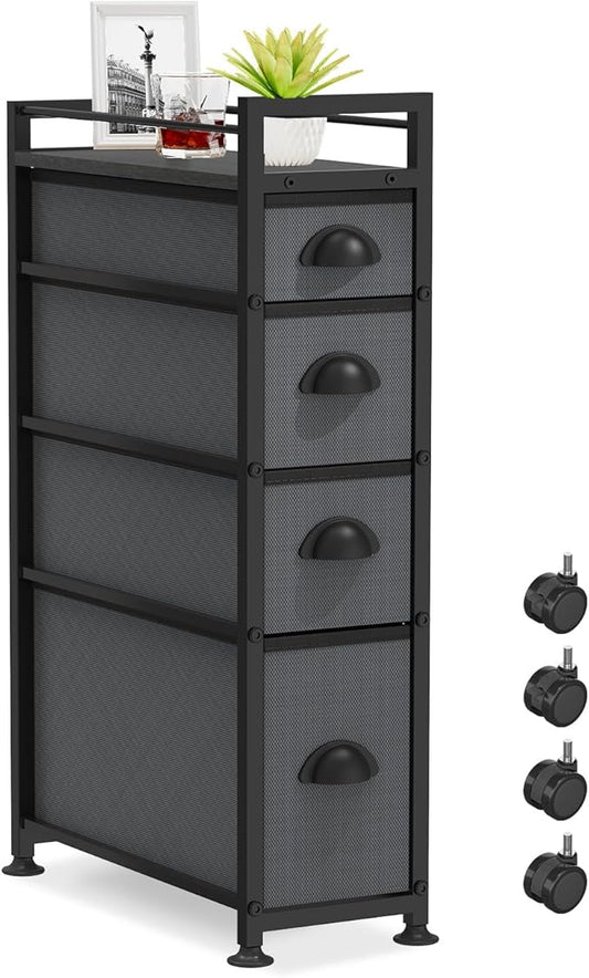 4 Drawer Narrow Slim Cabinet Skinny Storage Tower Chest, Sturdy Fabric Drawers