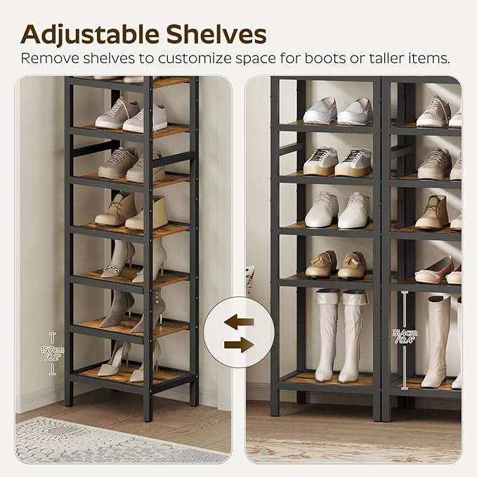 YATINEY 10-Tier Tall Shoe Rack, Vertical Shoe Organizer for Small Spaces, Wooden Shoe Shelf for Entryway, Space Saving Shoe Storage, Holds 10 Pairs of Shoes, Rustic Brown and Black SS50BR