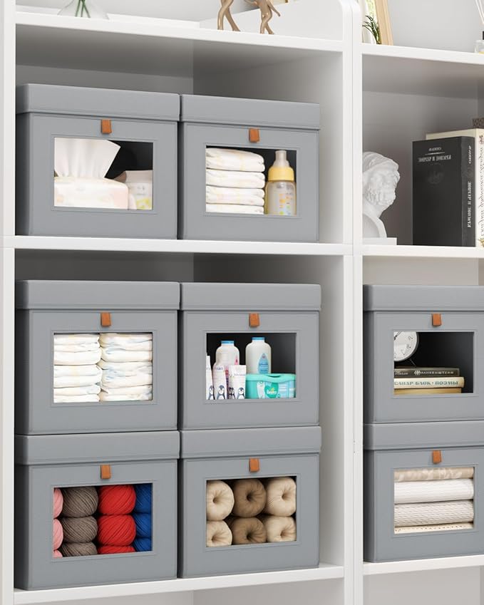 Homsorout Storage Bins with Lid – Closet Organizer with Side Opening and Clear Window, Foldable Stackable Fabric Basket for Clothes, Home, Office - 13.77" x 11.8" x 9.8", 4 Pack, Grey