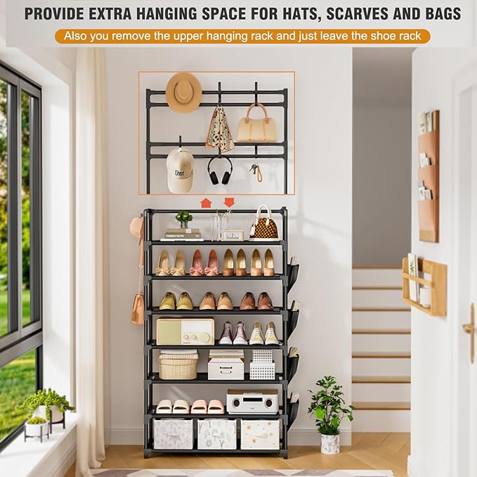 OYREL Shoe Rack 7 Tier Shoe Organizer Storage 21-28 Pairs Closet Shoes Rack for Front Door Entrance Shoe Rack Organizer with Hooks Side Pocket Entryway Large Capacity Shoe Shelf Tower Garage