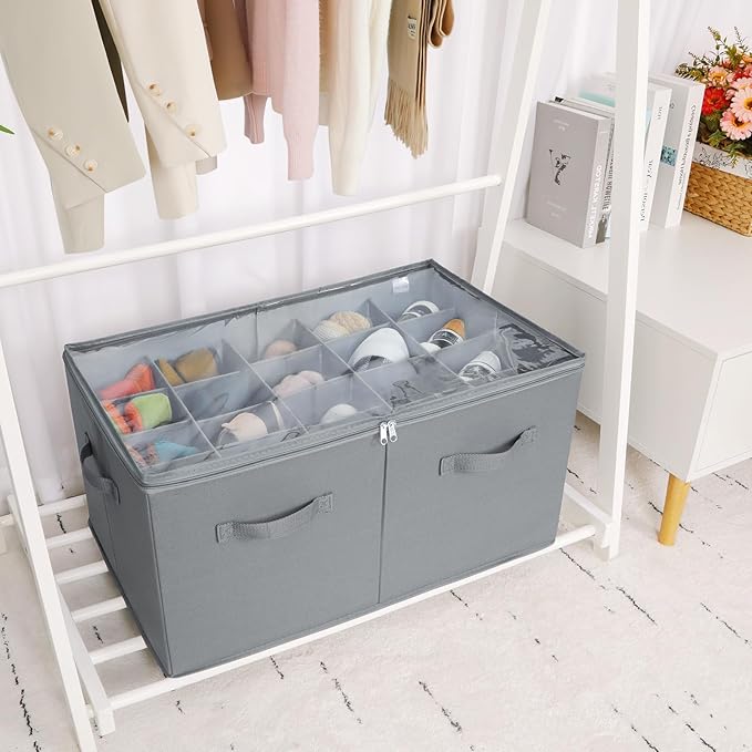 TOPIA HOME Shoe Organizer for Closet, Foldable Shoe Box with Adjustable Dividers and Clear Cover, Space Saving Shoe Storage Organizer Cabinet with Reinforced Handles, Fits 20 Pairs, Gray, TP10G