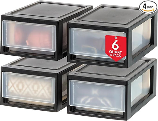 IRIS USA 6 Qt. Small Plastic Stacking Drawer, Stackable Storage Organizer Unit with Sliding Drawer for Bedroom Kitchen Under Sink Pantry Craft Room Dorm Office, Black, 4-Pack