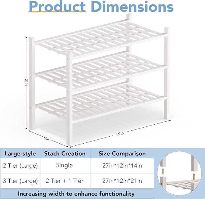 Haddockway Large 3 Tier Bamboo Shoe Rack Storage Organizer, Multifunctional Free Standing Stackable Shoe Shelf with Grid Panel for Closet,Hallway,Entryway,Small Space 27"x12"x21"