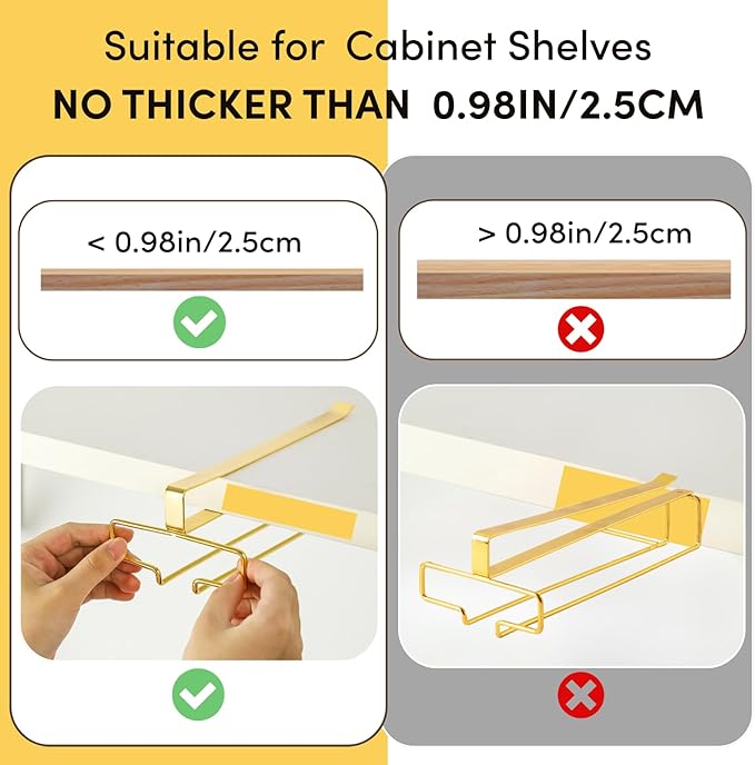 LINFIDITE Gold Under Cabinet Wine Glass Holder, 2 Pack, Space Saving, Easy Installation, Anti-Skid, Compact Design, Sturdy Materials, Affordable Gift