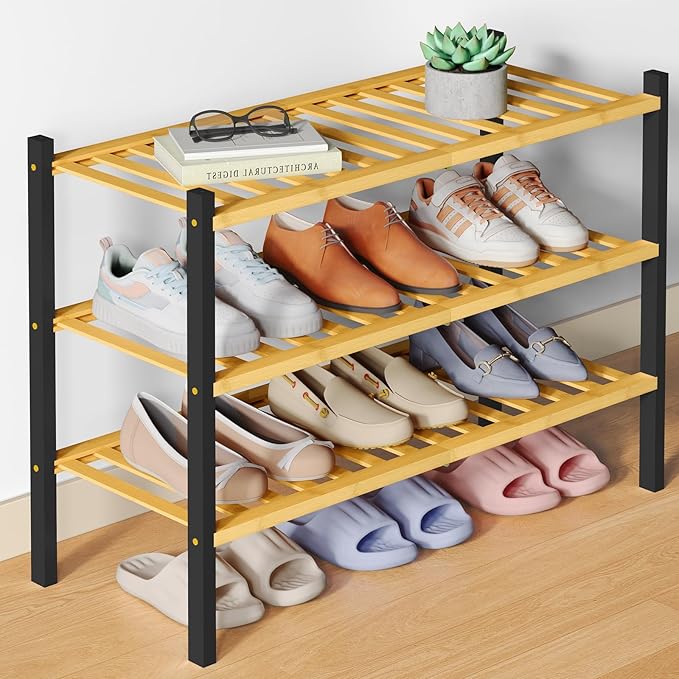 Smiry Bamboo Shoe Rack for Closet, 3 Tier Wooden Shoe Organizer, Stackable Wood Shoe Storage Shelf for Entryway, 14 Vertical Slats, One-piece Heavy-Duty Legs, 26.77"x11.02"x18.31", Natural & Black
