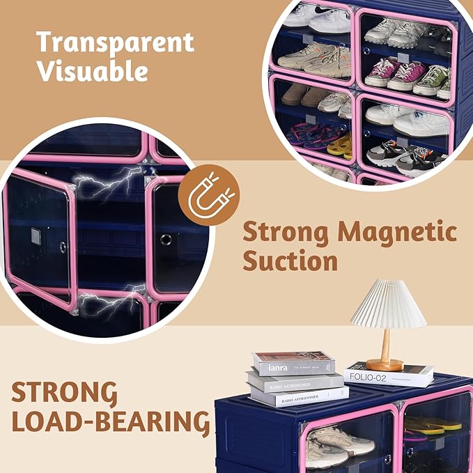 Collapsible Shoe Rack Organizer, 9 Tiers-36 Pairs Foldable Shoe Cabinet with Magnetic Clear Door, Large Plastic Folding Shoe Cabinet Blue & Pink, Easy Assembly Shoe Shelves Organizer for Entryway