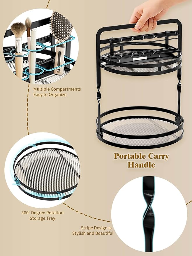 Rotating Makeup Vanity Organizer, 360 Spinning Perfume Organizer for Dresser, 2-Tier Black Bathroom Countertop Organizer, Lazy Susan Skincare Storage, Cosmetic Display with Makeup Brush Holder