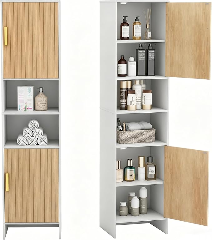 Tall Storage Cabinet, 13.15 Inch Narrow Bathroom Cabinet with USB Magnetic Light, Open Shelf, Magnetic Doors, 2 Adjustable Shelves, Anti-Tip Kit for Small Spaces, Living Room, White, 57.1" H
