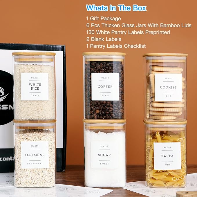6 Pack Square Kitchen Storage Jars with Airtight Bamboo Lids and 132 Pantry