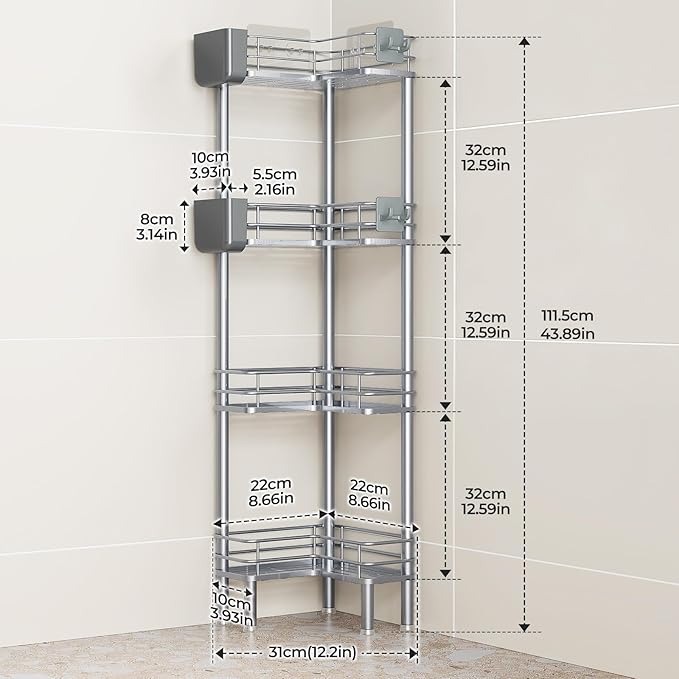 Orimade Rustproof 4 Tier Floor Standing Corner Shower Caddy Organizer with Toothbrush Holder, Large Spacing Floor Shower Shelf Rack Storage Stands with Hooks for Bathroom Kitchen, Silver
