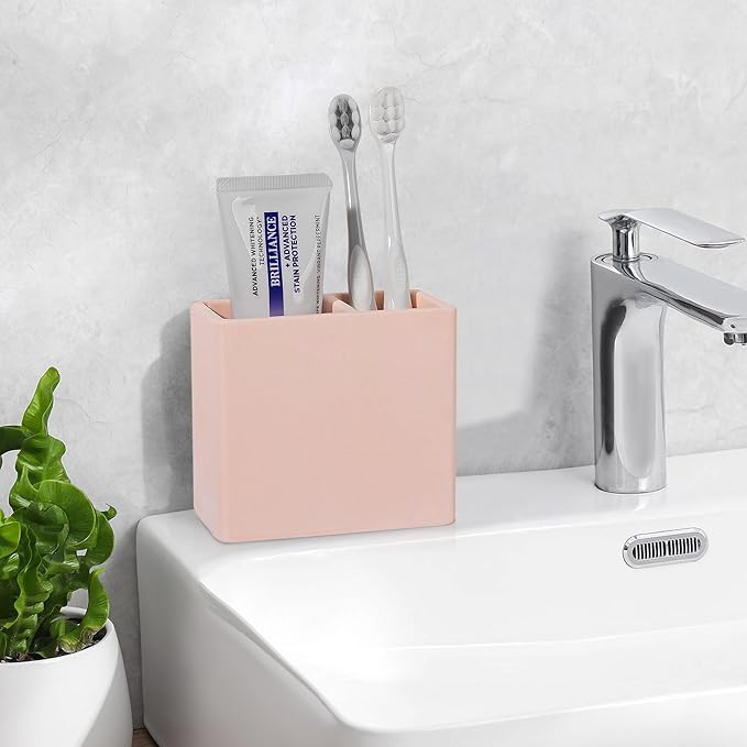 Diatomite Toothbrush Holder 2 Slots Tooth Brush Holder for Bathroom, Kids Electric Toothbrush and Toothpaste Organizer for Countertop, Shower, Vanity, Blush Pink